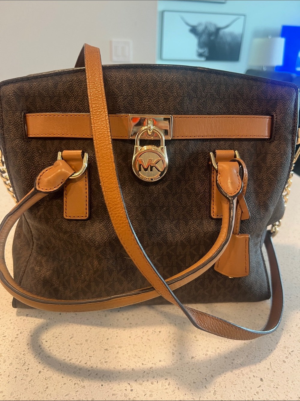 Michael Kors Brown and Tan Satchel with Gold Lock Accent